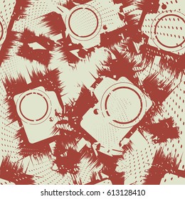 Grunge seamless pattern with photo camera. Vector illustration