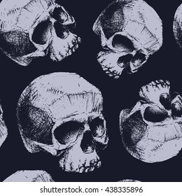 Grunge seamless pattern with skulls. Hand drawn. Vector illustration.