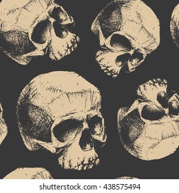 Grunge seamless pattern with skulls. Hand drawn. Vector illustration.