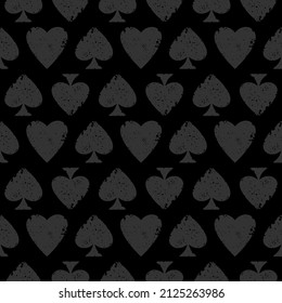 Grunge Seamless pattern with spades and hearts. Scratched Casino gambling, poker background. Alice in wonderland ornament. Fantasy wallpaper.