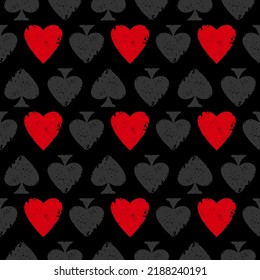 Grunge Seamless pattern with spades and hearts. Scratched Casino gambling, poker background. Alice in wonderland ornament. Fantasy wallpaper.