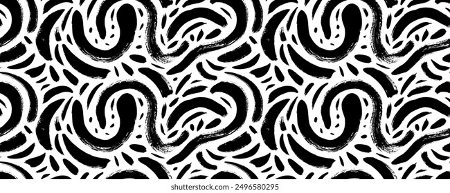 Grunge seamless pattern with squiggle brush strokes and dashes. Hand drawn various texture stroke and bold lines. Abstract thick grunge vector lines. Doodle dirty rough texture.