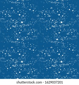 Grunge seamless pattern with stars and circles shabby texture. Vector template on blue background can be used in different designs as an additional element of the background.
