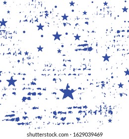 Grunge seamless pattern with stars and circles shabby texture. Vector blue template isolated on white can be used in different designs as an additional element of the background.
