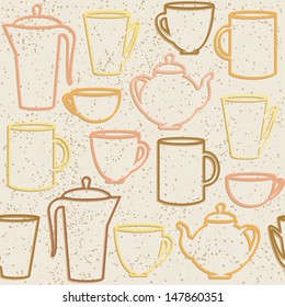 Grunge seamless pattern with teapots and cups silhouettes