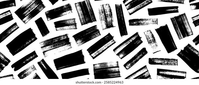 Grunge seamless pattern with thick rough brush strokes. Hand drawn abstract geometric background. Vector seamless banner design with straight short brush strokes. Messy black paint texture.