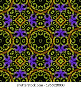 Grunge seamless pattern. Vector ornamental textured background. Colorful floral grungy ornaments. Embroidered repeat ethnic design. Tapestry endless texture. Embroidery flowers, leaves, shapes, lines.