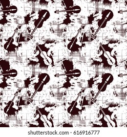 Grunge seamless pattern with violins. Vector illustration