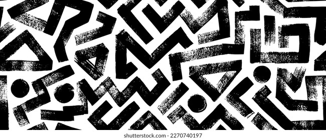 Grunge seamless pattern with zigzag lines, triangles and dots. Hand drawn bold geometric shapes. Modern stylish texture with labyrinth motif. Vector ink Illustration. Repeating geometric pattern. 