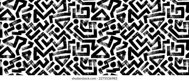 Grunge seamless pattern with zigzag lines, triangles and dots. Hand drawn bold geometric shapes. Modern stylish texture with labyrinth motif. Vector ink Illustration. Repeating geometric pattern. 