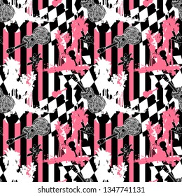 Grunge seamless summer pattern with palms, ukulele and flowers. Hawaiian vibes.