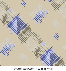Grunge Seamless Tartan. Abstract Pattern. Modern Hand Drawn Texture with Scratched Crossing Lines. Colorful Vector Pattern for Print, Fabric, Textile. Abstract Seamless Pattern.