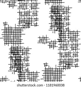 Grunge Seamless Tartan. Abstract Pattern. Trendy Hand Drawn Texture with Scratched Crossing Lines. Black and White Vector Pattern for Print, Fabric, Cloth. Abstract Seamless Pattern.