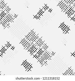 Grunge Seamless Tartan. Abstract Pattern. Trendy Hand Drawn Texture with Scribble Crossing Lines. Black and White Vector Pattern for Chintz, Curtain, Paper. Abstract Seamless Pattern.
