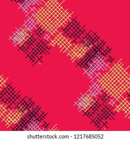 Grunge Seamless Tartan. Abstract Pattern. Vintage Hand Drawn Texture with Scribble Crossing Lines. Colorful Vector Pattern for Dress, Paper, Tablecloth. Abstract Seamless Pattern.