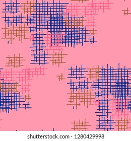 Grunge Seamless Tartan. Abstract Pattern. Modern Hand Drawn Texture with Scribble Crossing Lines. Colorful Vector Pattern for Dress, Curtain, Paper. Abstract Seamless Pattern.