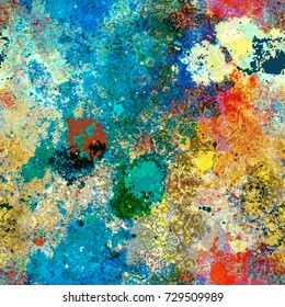 Grunge seamless texture from blots, stains, decorative elements as mandala. Colorful template. Abstract vector background for web page, banners, fabric, home decor, wrapping 