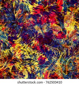 Grunge seamless texture with curved lines, spots and sharp elements. Red, blue, yellow colors. Abstract vector background for web page, banners backdrop, fabric, home decor, wrapping.