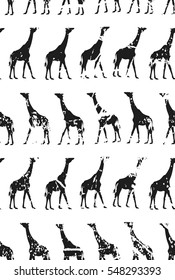 Grunge seamless texture with giraffes. Black silhouettes of giraffes on a white background. Repeated pattern. It can be used as wallpaper, upholstery, wrapping, fabric or your design.