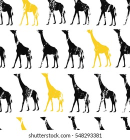 Grunge seamless texture with giraffes. Silhouettes of giraffes on a white background. Repeated pattern. It can be used as wallpaper, upholstery, wrapping, fabric or your design.