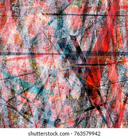 Grunge seamless texture from stripes, lines, triangles. Red, white, blue, black colors. Abstract vector background for web page, banners backdrop, fabric, home decor, wrapping