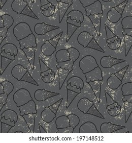 Grunge seamless vector pattern with ice cream cons on grey background