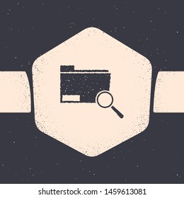 Grunge Search concept with folder icon isolated on grey background. Magnifying glass and document. Data and information sign. Monochrome vintage drawing. Vector Illustration