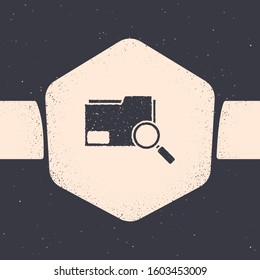 Grunge Search concept with folder icon isolated on grey background. Magnifying glass and document. Data and information sign. Monochrome vintage drawing. Vector Illustration