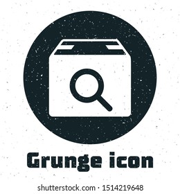 Grunge Search package icon isolated on white background. Parcel tracking symbol. Magnifying glass and cardboard box. Logistic and delivery.  Vector Illustration