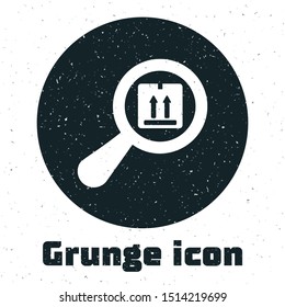 Grunge Search package icon isolated on white background. Parcel tracking symbol. Magnifying glass and cardboard box. Logistic and delivery.  Vector Illustration