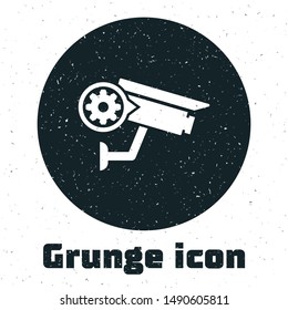 Grunge Security camera and gear icon isolated on white background. Adjusting app, service concept, setting options, maintenance, repair, fixing.  Vector Illustration
