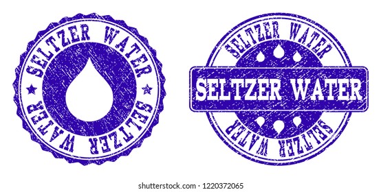 Grunge Seltzer Water Stamp Seal Imprints. Seltzer Water Text Inside Blue Corroded Rubber Seals With Grunge Texture. Rectangle And Circle Figures Are Used. Designed For Water Saving Illustrations.