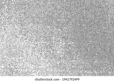 Grunge semitone coarse fabric texture. Monochrome background of old rough textiles with halftone, vertical stripes, noise and graininess. Overlay template. Vector illustration