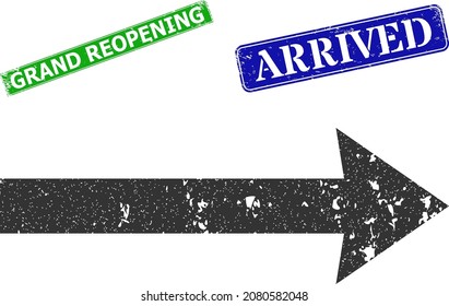 Grunge send right icon and rectangle rubber Grand Reopening seal. Vector green Grand Reopening and blue Arrived imprints with grunge rubber texture, designed for send right illustration.
