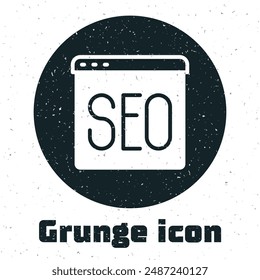 Grunge SEO optimization icon isolated on white background. Monochrome vintage drawing. Vector