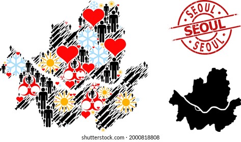 Grunge Seoul badge, and lovely people infection treatment mosaic map . Red round badge includes Seoul title inside circle. Map of Seoul Municipality mosaic is done from cold, sun,