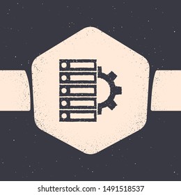 Grunge Server and gear icon isolated on grey background. Adjusting app, service concept, setting options, maintenance, repair, fixing. Monochrome vintage drawing. Vector Illustration