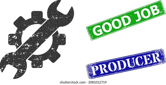 Grunge service tools icon and rectangular rubber Good Job stamp. Vector green Good Job and blue Producer imprints with grunge rubber texture, designed for service tools illustration.