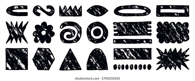 Grunge set abstract colored shapes, a set of textural elements, geometric shapes, textural fills, random strokes in different shapes. Square, triangle, circle, crown, rectangle and lines element