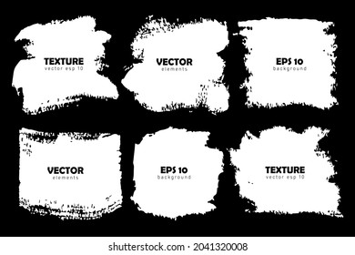 Grunge Set Brush Shape Vector Strokes White color Isolated on Black background. Hand painted grange elements. Ink drawing. Messy design Place for text and quote
