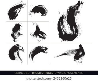 Grunge set: Brush strokes dynamic movements in black and white vectorized