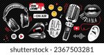 A grunge set of collage elements on the theme of a true-crime podcast. Speech bubble, ear and lips. Trendy illustration with likes on transparent background as png. 