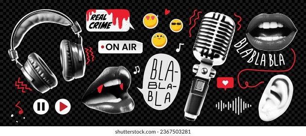 A grunge set of collage elements on the theme of a true-crime podcast. Speech bubble, ear and lips. Trendy illustration with likes on transparent background as png. 