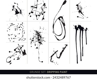 Juego de grunge: Goteo y pintura salpicada en blanco y negro vectorizado