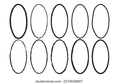 Grunge set of ellipse frames. Oval shapes modern black. Vector hand drawn border collection illustration isolated on white background.