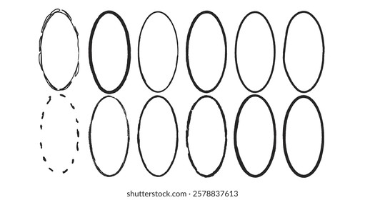 Grunge set of ellipse frames. Oval shapes modern black. Vector hand drawn border collection illustration isolated on white background.