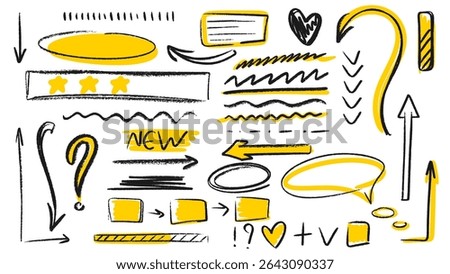 Grunge set of notes, arrows, lines, highlights, signs and symbols. Ink doodle lines and drawings in style of journal notes. Vector elements