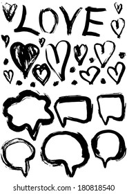 grunge set of speech bubbles and hearts. grungy decoration effects. vector