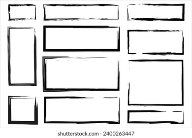 Grunge set of square and rectangular frames. Ink empty black boxes. Collection of rectangular borders. Rectangular frame stamps. Vector illustration isolated on white background.
