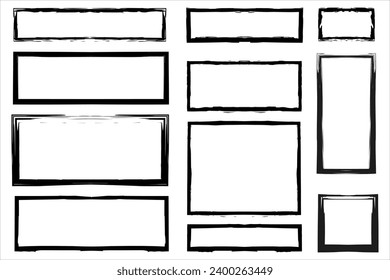Grunge set of square and rectangular frames. Ink empty black boxes. Collection of rectangular borders. Rectangular frame stamps. Vector illustration isolated on white background.